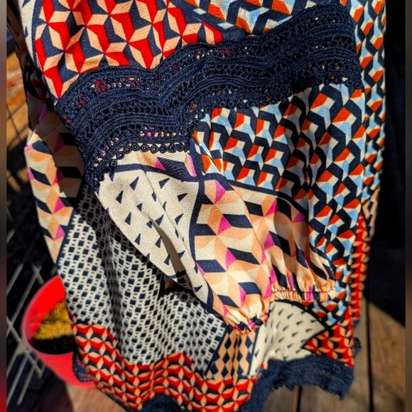 Silky Geometric Patchwork Blouse Crochet accents- Skies Are Blue, Size M - Picture 5 of 9